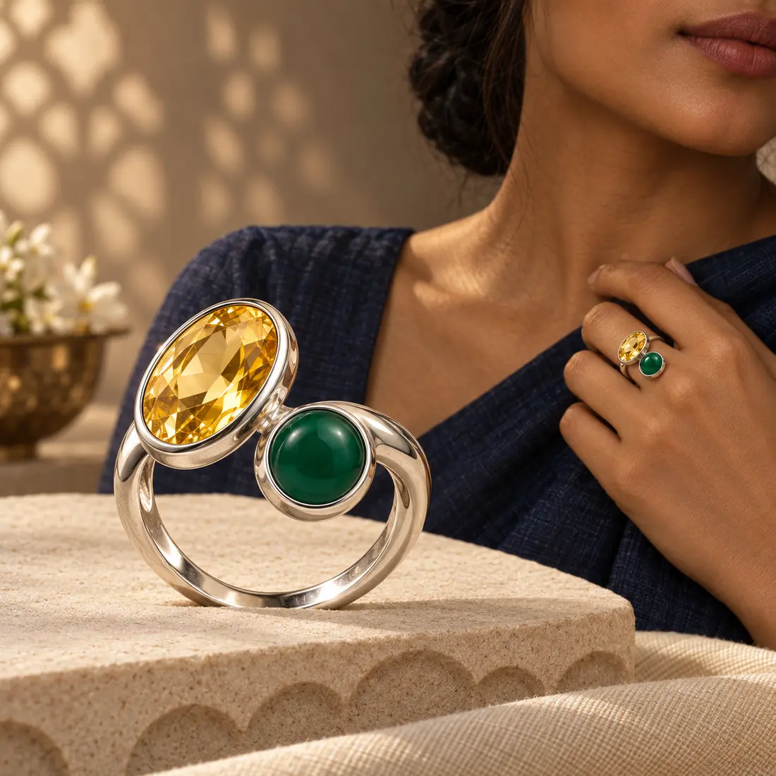 Citrine and Green Onyx Floating Bypass ring