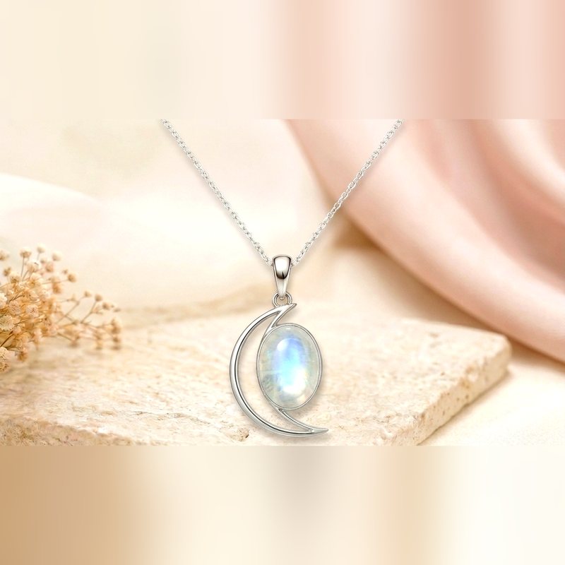 Crescent Pendant in Rainbow Moonstone, 925 sterling silver