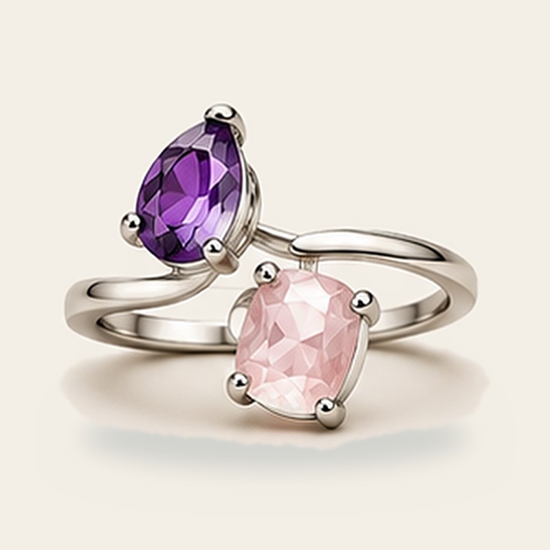 Modified 2-Stone Floating Bypass in Amethyst & Rose Quartz, 925 sterling silver