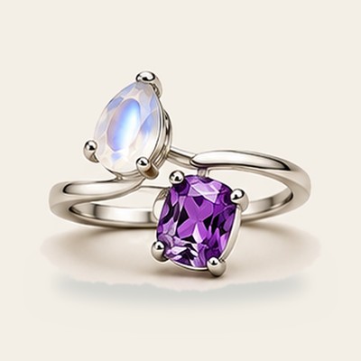 Modified 2-Stone Floating Bypass in Moonstone & Amethyst, 925 sterling silver