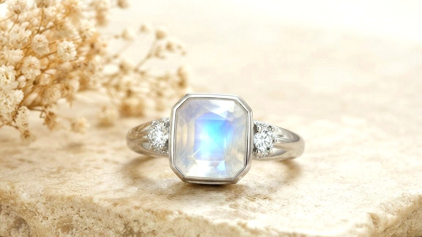 A rainbow moonstone cabochon set flush in a 925 sterling silver bezel, close detail