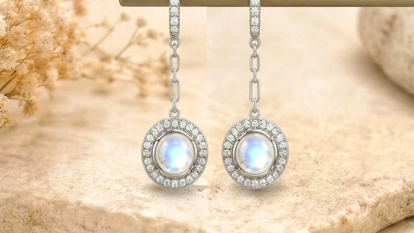 A moonstone in a pavé halo setting in 925 sterling silver, photographed close