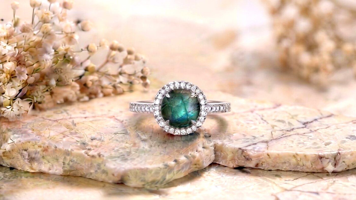 A labradorite cabochon in a 925 sterling silver halo ring, showing the green and blue flash