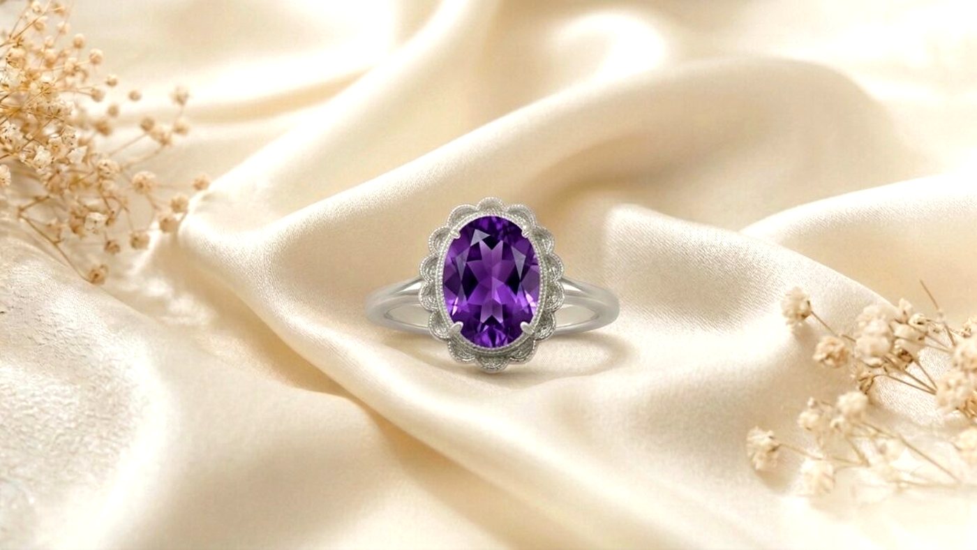 An amethyst solitaire in a four-claw 925 sterling silver setting on a plain band